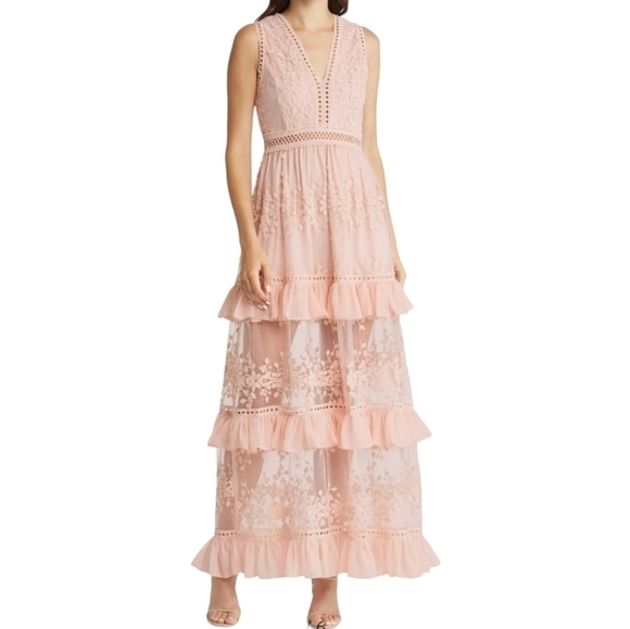 Lulus Garden Dreams Lace Tiered Maxi Dress Size  Blush EUC